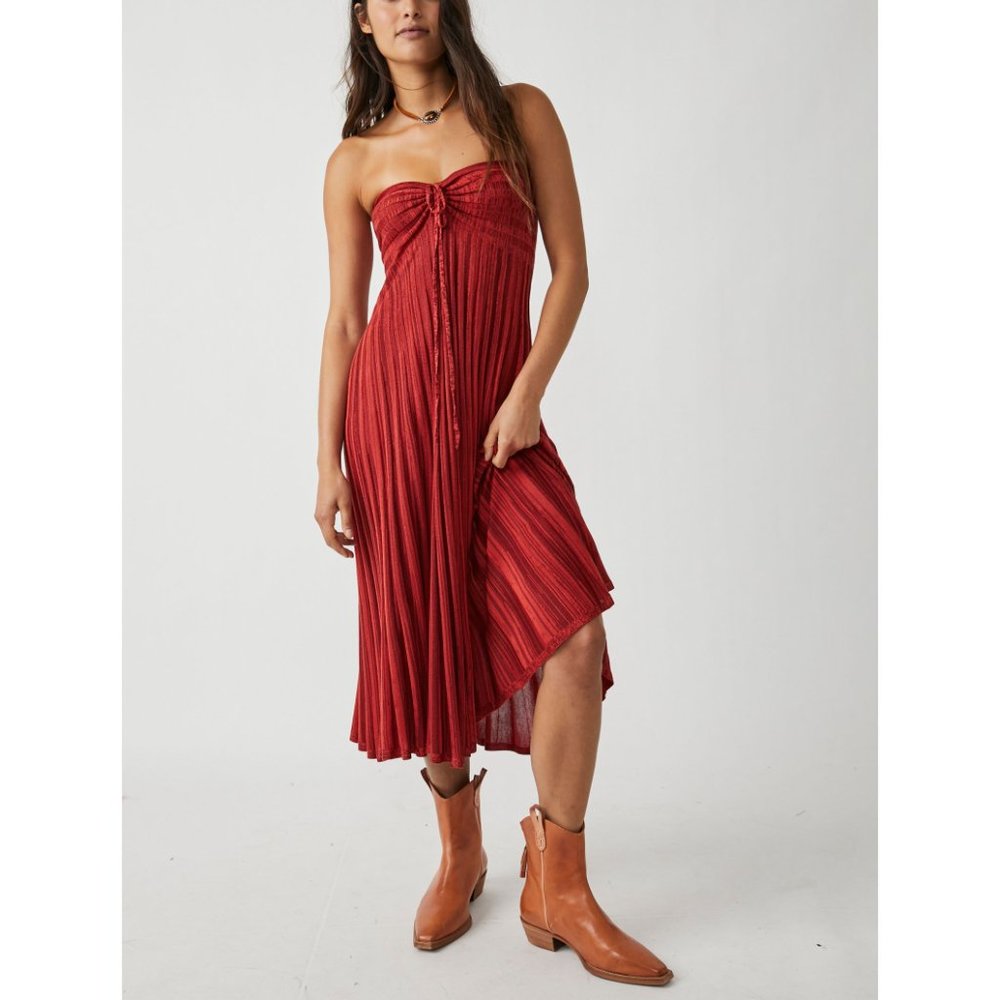 Free People Red Strapless Pleated Maxi Dress